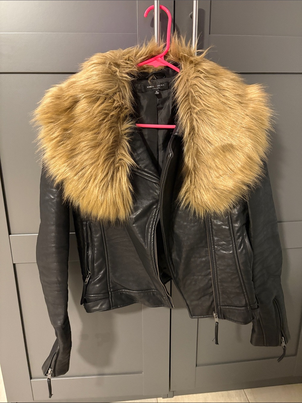 Romeo & Juliet Couture Black Leather Jacket w/ Fur